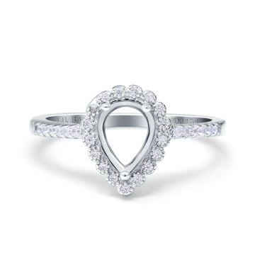 14K White Gold 0.17ct Teardrop Pear Halo 8mmx6mm G SI Semi Mount Diamond Engagement Wedding Ring Size 6.5
